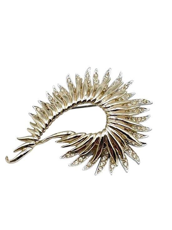 Marcel Boucher Jewelry - Vintage Marcel Boucher Brooch Gold Tone Rhodium Plated Fern Feather Rhinestones